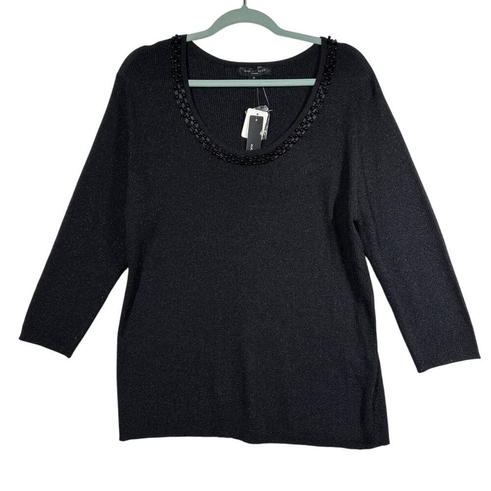 August Silk Beaded Embellished Silk Blend Scoop Neck Metallic Black Top Size 2X